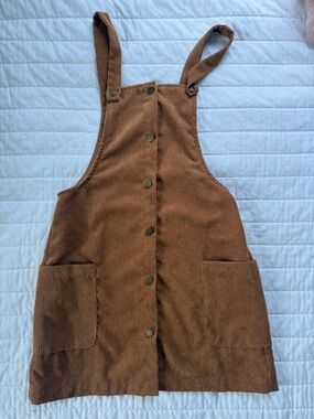Corduroy Button-Front Pinafore Dress in Warm Brown